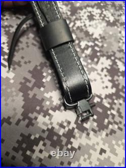 USA Tooled Black Leather White Stitched Whitetail Buck Suede Backed Rifle Sling