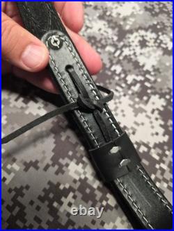 USA Tooled Black Leather White Stitched Whitetail Buck Suede Backed Rifle Sling