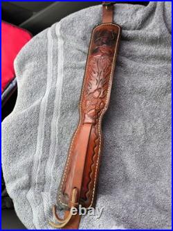 VTG Hunter Rifle Padded Sling Buck Deer Acorn Pattern Tooled Leather Adjustable
