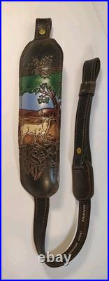 VTG Hunters Stitched Tooled Leather White Tail Buck Suede Padded Rifle Sling