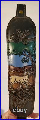 VTG Hunters Stitched Tooled Leather White Tail Buck Suede Padded Rifle Sling