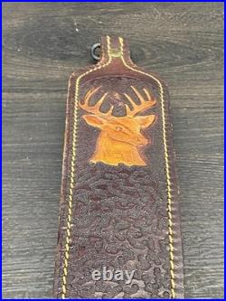 VTG STITCHED TOOLED WHITETAIL DEER BUCK LEATHER RIFLE PADDED SLING WithSWIVELS
