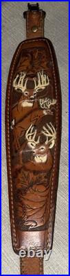VTG TOREL STITCHED TOOLED WHITETAIL DEER BUCK LEATHER RIFLE SLING WithSWIVELS 4759