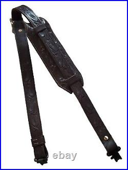 VTG Tooled Leather Rifle Gun Sling Shoulder Strap Brown Padded Adjustable Patina