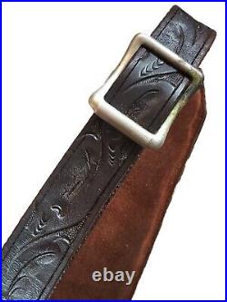 VTG Tooled Leather Rifle Gun Sling Shoulder Strap Brown Padded Adjustable Patina