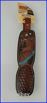 Vintage Hunter Padded Tooled Leather Rifle Sling Deer Mountain Stream Evergreen