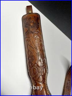 Vintage Hunter Rifle Sling Deer and Acorn in Foliage Tooled Leather