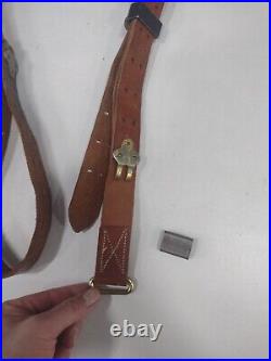 Vintage Leather Rifle Sling & Brass Fitting Hunting Old War Firearm Gun Hardware