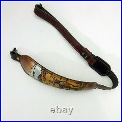 Vintage Padded Leather Rifle Sling w Swivels Embossed Pronghorn Antelope Design