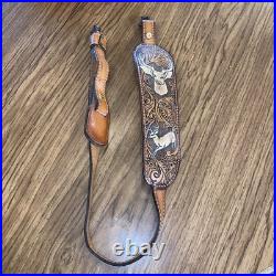 Vintage Tooled Leather Rifle Sling Padded with Deer Scene Adjustable Strap