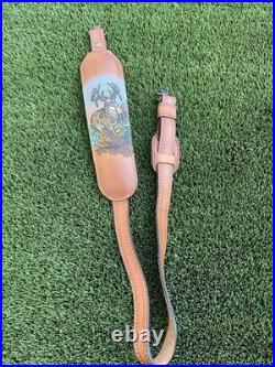 Vintage Tooled Leather Rifle Sling Padded with Handcrafted Deer Scene