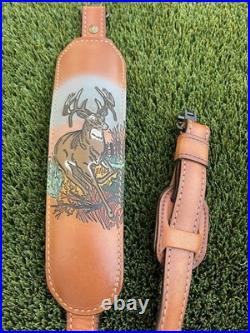 Vintage Tooled Leather Rifle Sling Padded with Handcrafted Deer Scene