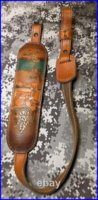 Vintage Tooled Whitetail Acorn Stitched Padded Suede Backed Leather Rifle Sling
