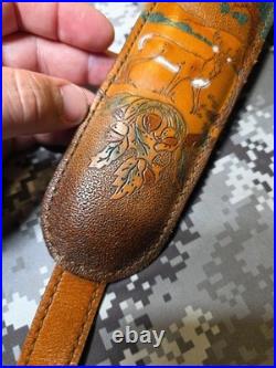 Vintage Tooled Whitetail Acorn Stitched Padded Suede Backed Leather Rifle Sling
