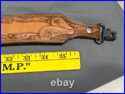 Vintage hand tooled LEATHER Rifle Sling 7220W + Swivel MARKED BUT CANNOT READ