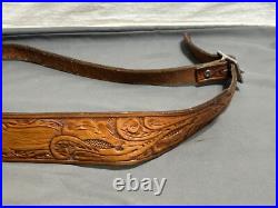 Vintage hand tooled LEATHER Rifle Sling 7220W + Swivel MARKED BUT CANNOT READ