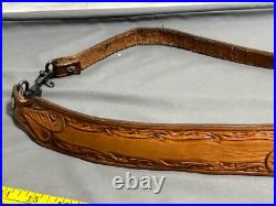 Vintage hand tooled LEATHER Rifle Sling 7220W + Swivel MARKED BUT CANNOT READ