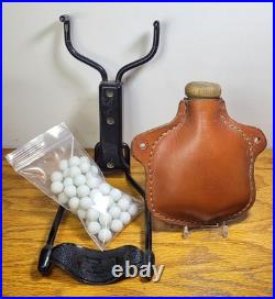 Vtg Leather Round Ball Flask, daisy Powerline Slingshot, 59 Balls, will Need A Band