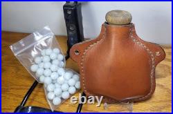 Vtg Leather Round Ball Flask, daisy Powerline Slingshot, 59 Balls, will Need A Band