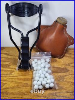 Vtg Leather Round Ball Flask, daisy Powerline Slingshot, 59 Balls, will Need A Band