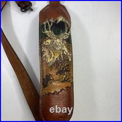 Vtg Padded Leather Rifle Sling Elk and Mountain Scene Adjustable Strap