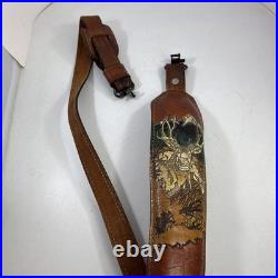 Vtg Padded Leather Rifle Sling Elk and Mountain Scene Adjustable Strap