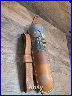 Vtg. Pioneer Padded Leather Rifle Sling, Hand Painted Deer Design