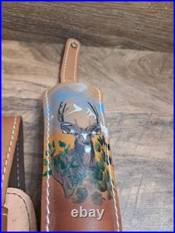 Vtg. Pioneer Padded Leather Rifle Sling, Hand Painted Deer Design