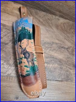 Vtg. Pioneer Padded Leather Rifle Sling, Hand Painted Elk Design