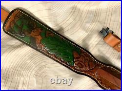 Vtg leather Hunter riflesling, tooled deer & oak leaves, padded withswivels adjustab