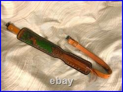 Vtg leather Hunter riflesling, tooled deer & oak leaves, padded withswivels adjustab