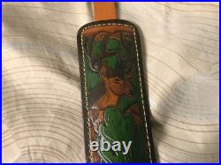 Vtg leather Hunter riflesling, tooled deer & oak leaves, padded withswivels adjustab