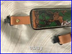 Vtg leather Hunter riflesling, tooled deer & oak leaves, padded withswivels adjustab