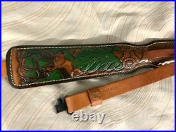 Vtg leather Hunter riflesling, tooled deer & oak leaves, padded withswivels adjustab