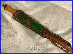 Vtg leather Hunter riflesling, tooled deer & oak leaves, padded withswivels adjustab