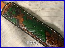 Vtg leather Hunter riflesling, tooled deer & oak leaves, padded withswivels adjustab