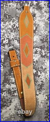 WHITE STITCHED SUEDE LEATHER AZTEC DESIGN GREEN STITCHED RIFLE SLING With SWIVELS
