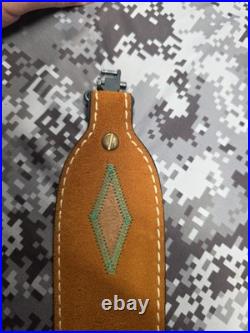 WHITE STITCHED SUEDE LEATHER AZTEC DESIGN GREEN STITCHED RIFLE SLING With SWIVELS