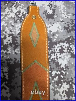 WHITE STITCHED SUEDE LEATHER AZTEC DESIGN GREEN STITCHED RIFLE SLING With SWIVELS