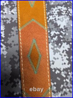 WHITE STITCHED SUEDE LEATHER AZTEC DESIGN GREEN STITCHED RIFLE SLING With SWIVELS