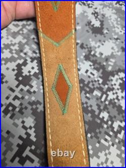 WHITE STITCHED SUEDE LEATHER AZTEC DESIGN GREEN STITCHED RIFLE SLING With SWIVELS