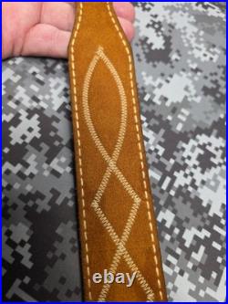 White Stitched Designed Brown Suede Leather Rifle Sling With Swivels
