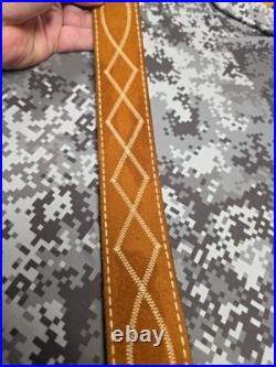 White Stitched Designed Brown Suede Leather Rifle Sling With Swivels