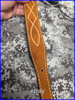 White Stitched Designed Brown Suede Leather Rifle Sling With Swivels