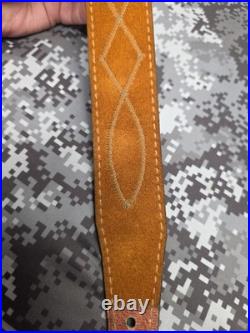 White Stitched Designed Brown Suede Leather Rifle Sling With Swivels