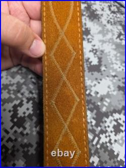 White Stitched Designed Brown Suede Leather Rifle Sling With Swivels