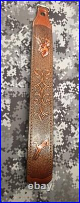 Whitetail Buck Tooled Stitched Leather Suede Backed Rifle Sling With Swivels