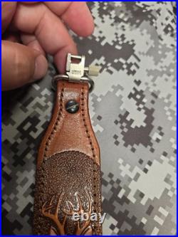 Whitetail Buck Tooled Stitched Leather Suede Backed Rifle Sling With Swivels