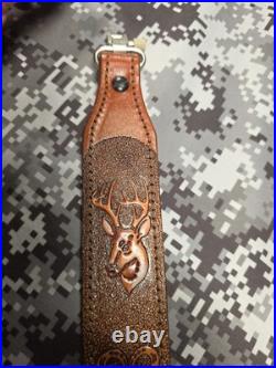 Whitetail Buck Tooled Stitched Leather Suede Backed Rifle Sling With Swivels