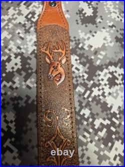 Whitetail Buck Tooled Stitched Leather Suede Backed Rifle Sling With Swivels